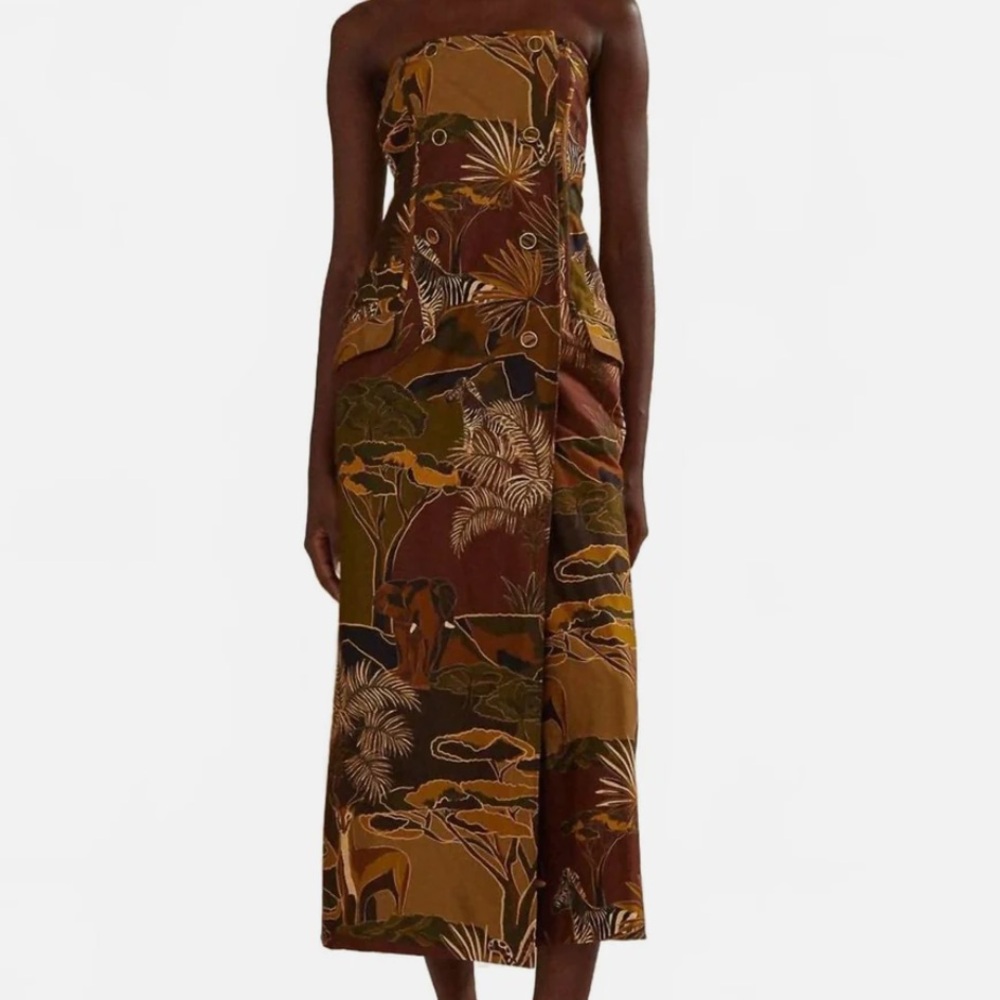 FARM Rio Savana Dream Strapless Midi Dress Animal Zebra Elephant